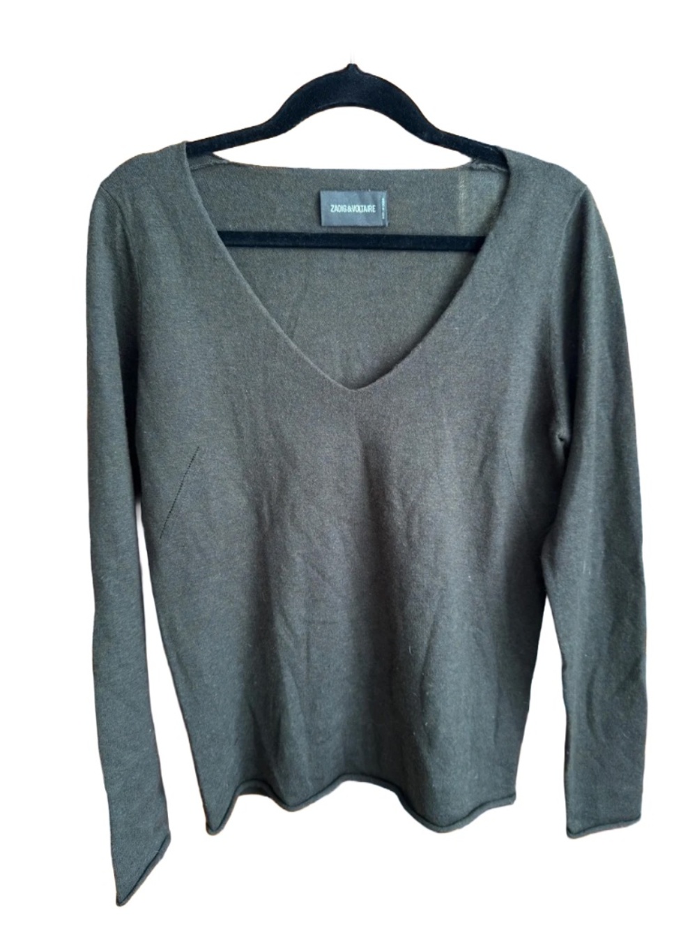 Zadig & Voltaire Cashmere/Wool Olive V-Neck Sweater with Sequin Elbows - S